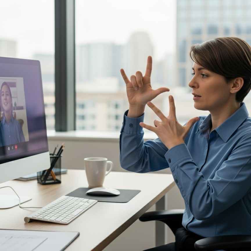 Professional ASL interpreter providing live interpretation services at a conference