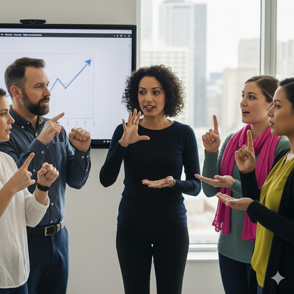 Professional ASL interpreter providing live interpretation services at a conference