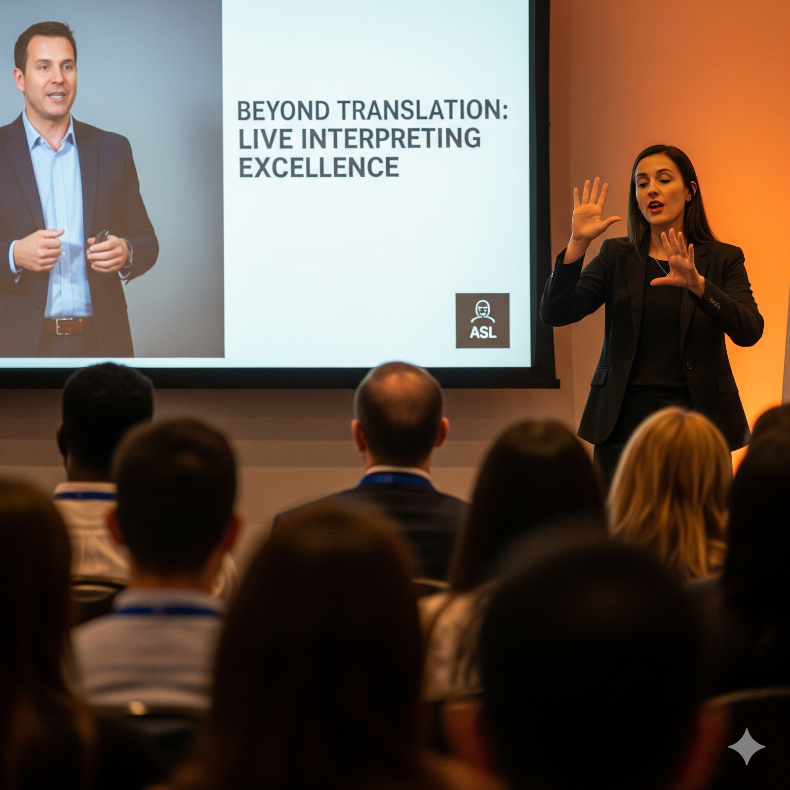 Professional ASL interpreter providing live interpretation services at a conference
