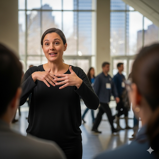 Professional ASL interpreter providing live interpretation services at a conference