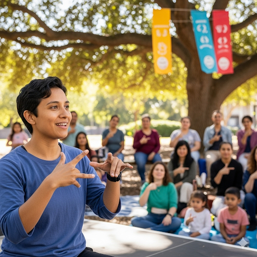 Professional ASL interpreter providing live interpretation services at a conference